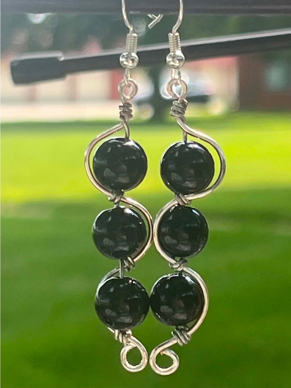 Handcrafted Black Wire-Wrap Dangle Earrings